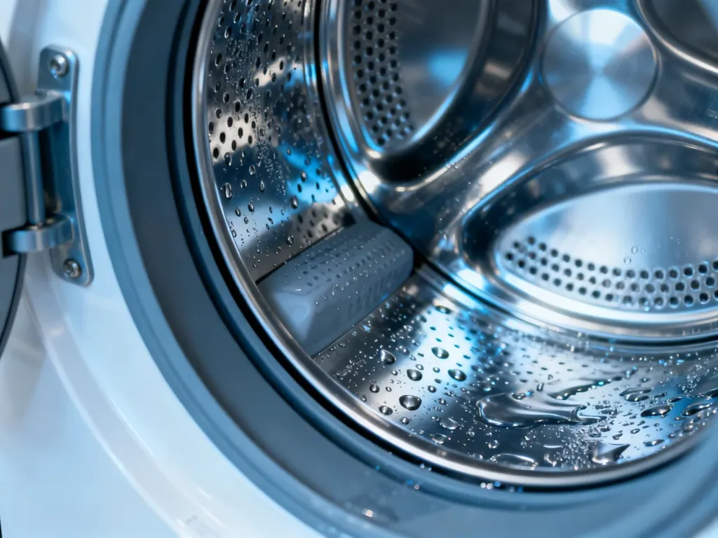 Wnętrze bębna nowoczesnej pralki z widocznymi kroplami wody, podkreślające czystość i precyzję mechanizmu urządzenia.