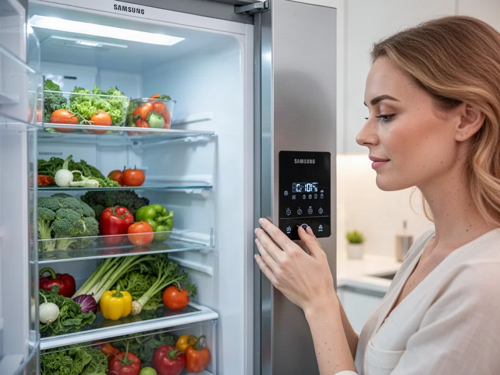 Kobieta ustawia temperaturę na panelu nowoczesnej lodówki Samsung, w której widać uporządkowane świeże warzywa.