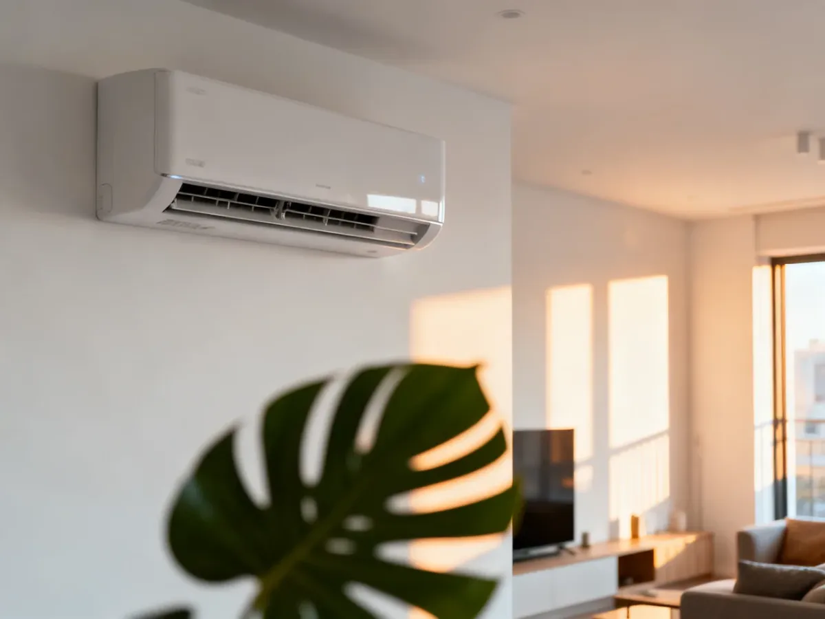 Nowoczesny klimatyzator ścienny w jasnym, minimalistycznym salonie, podkreślający estetykę nowoczesnego wnętrza.