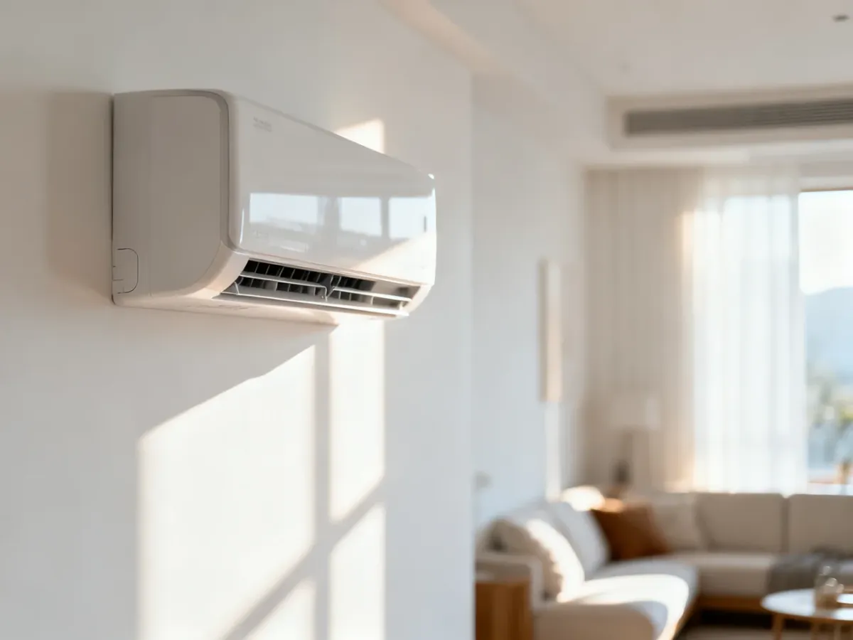 Nowoczesny klimatyzator ścienny zamontowany w jasnym, minimalistycznym salonie, podkreślający estetykę wnętrza.