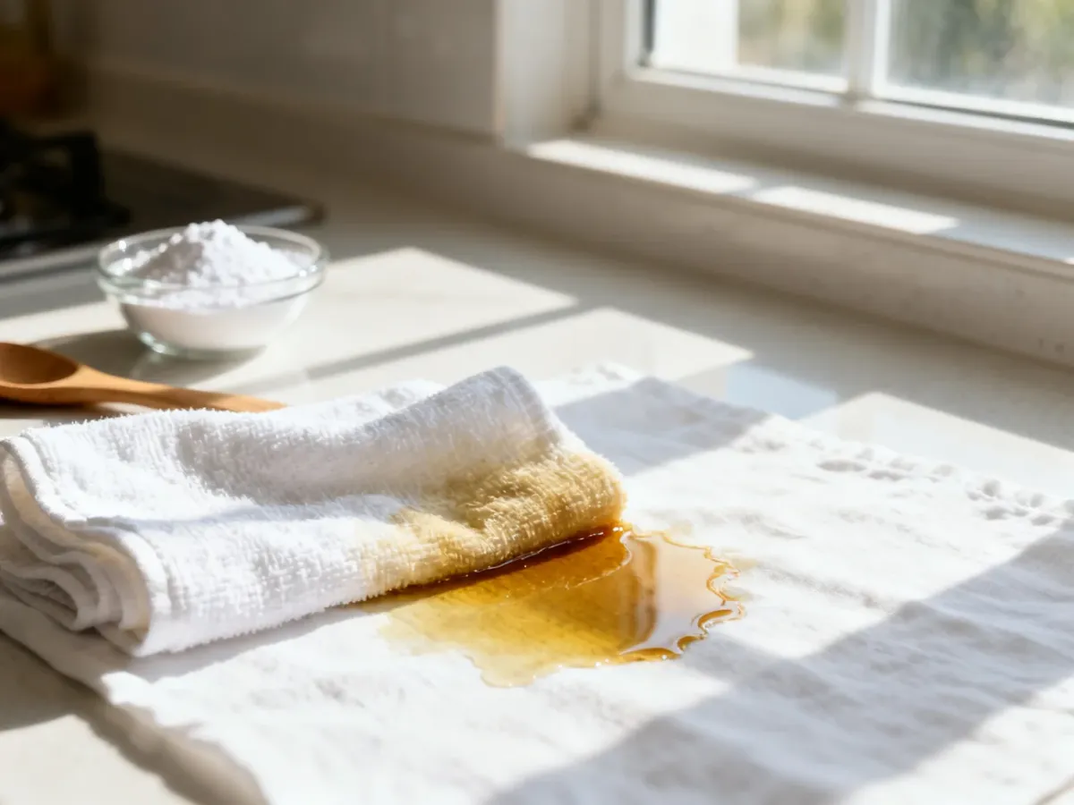 Ściereczka kuchenna usuwająca świeżą plamę z tłuszczu na białym materiale, obok miseczka z sodą oczyszczoną.