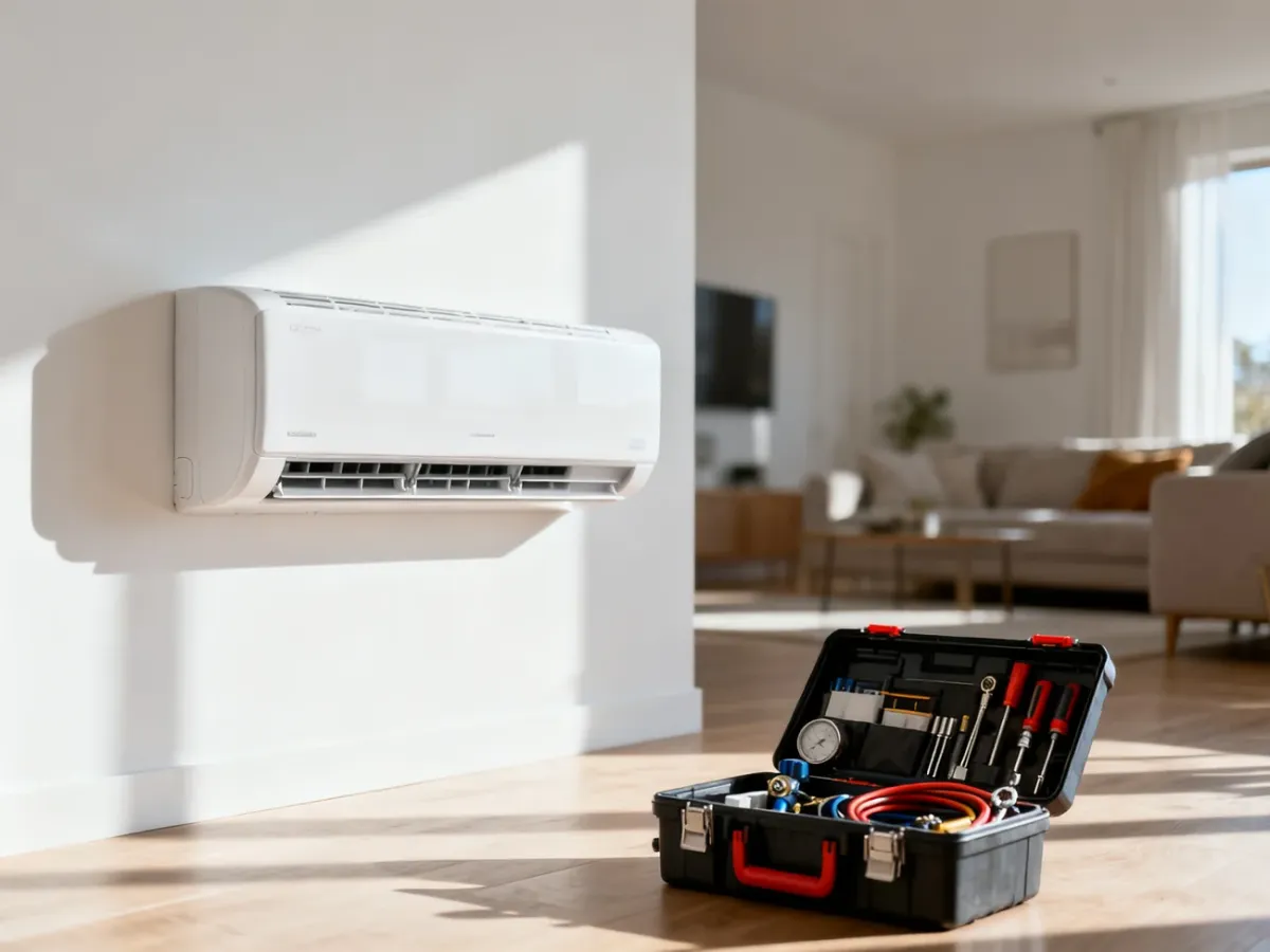 Nowoczesny klimatyzator ścienny w minimalistycznym salonie oraz zestaw narzędzi montażowych na podłodze.