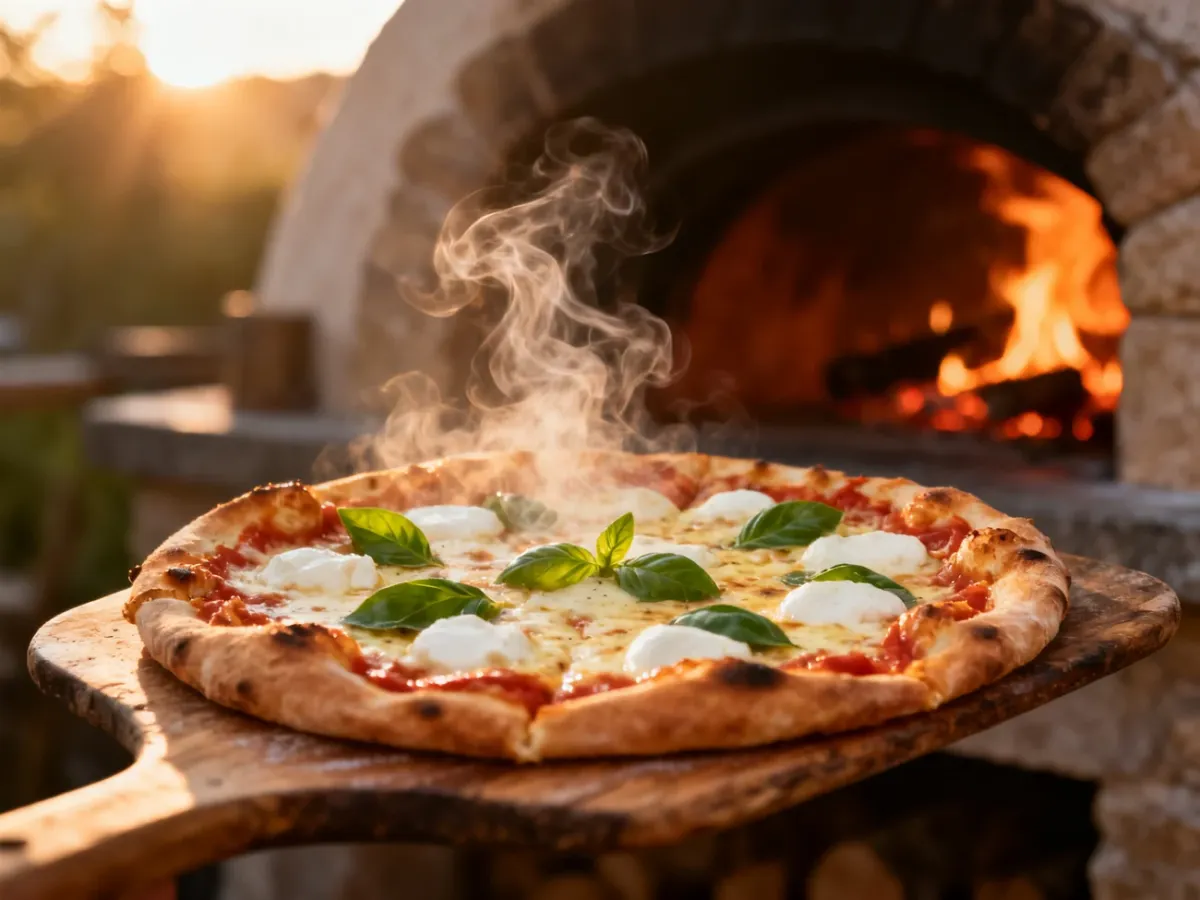 Świeżo upieczona pizza z chrupiącym brzegiem i roztopioną mozzarellą na drewnianej łopacie, w tle rozgrzany piec kamienny.