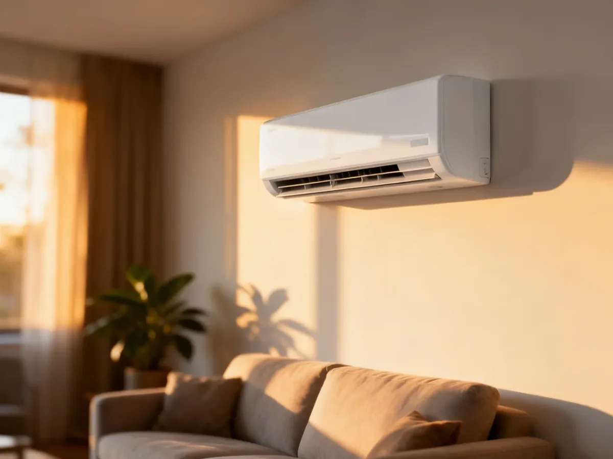 Nowoczesny klimatyzator ścienny zamontowany w przytulnym, minimalistycznym salonie w świetle popołudniowego słońca.
