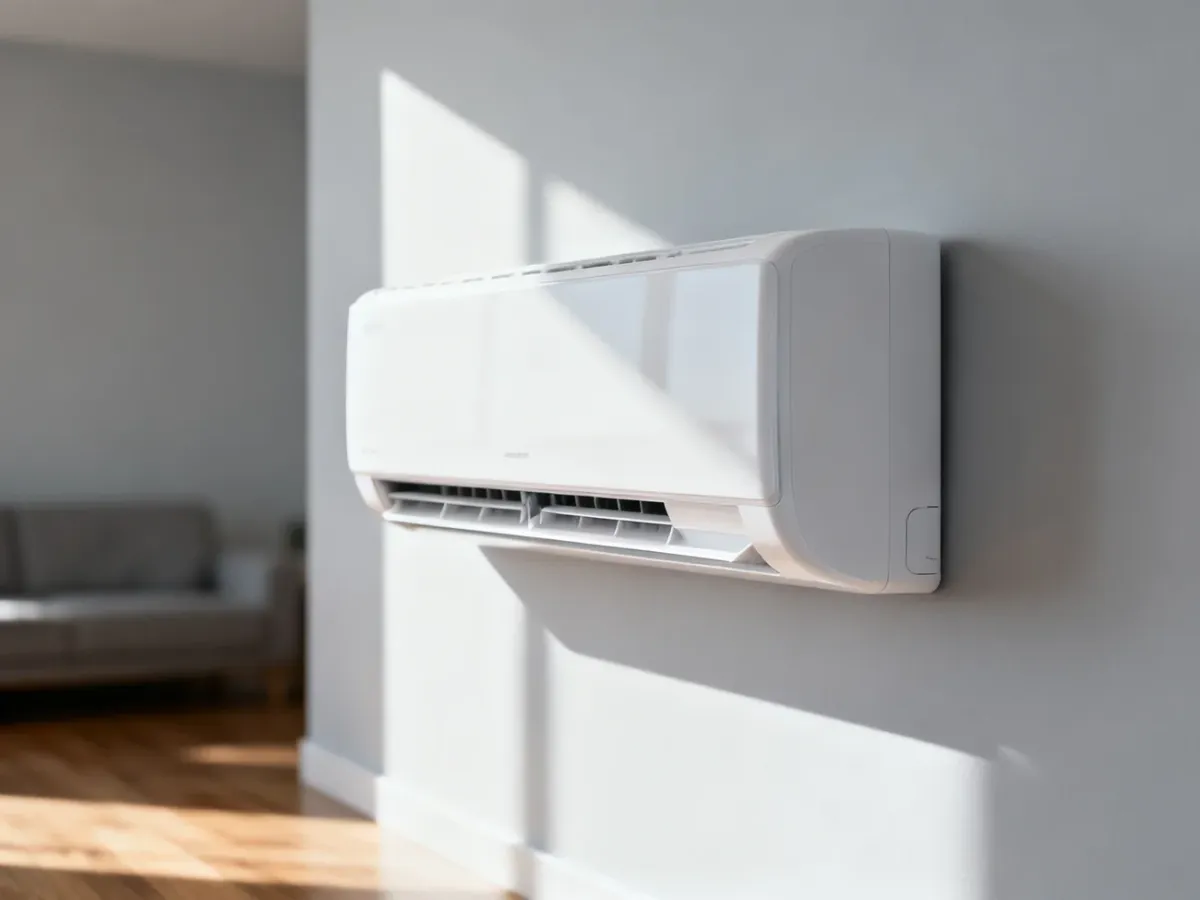Nowoczesny biały klimatyzator zamontowany na jasnej ścianie w minimalistycznym salonie.