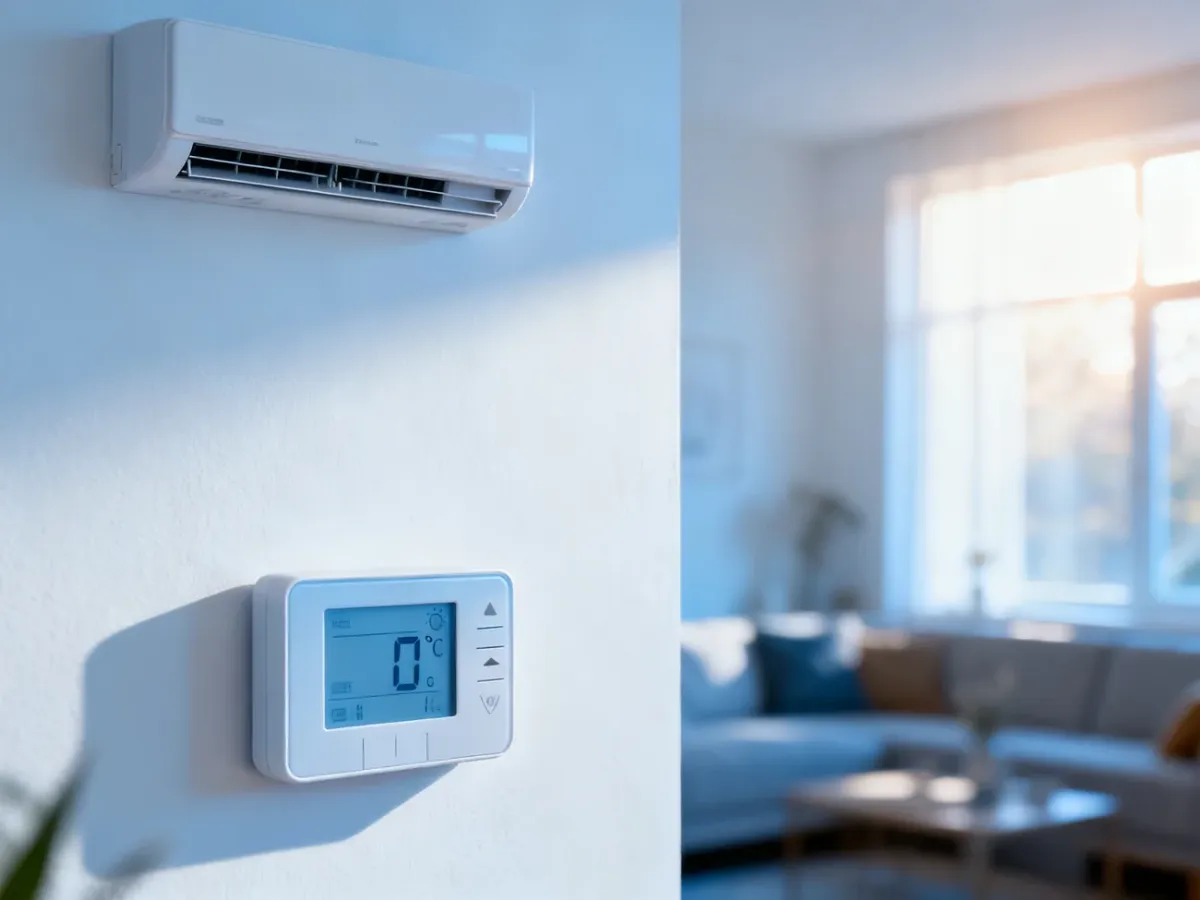 Nowoczesny klimatyzator ścienny w minimalistycznym salonie z termostatem wskazującym niską temperaturę.