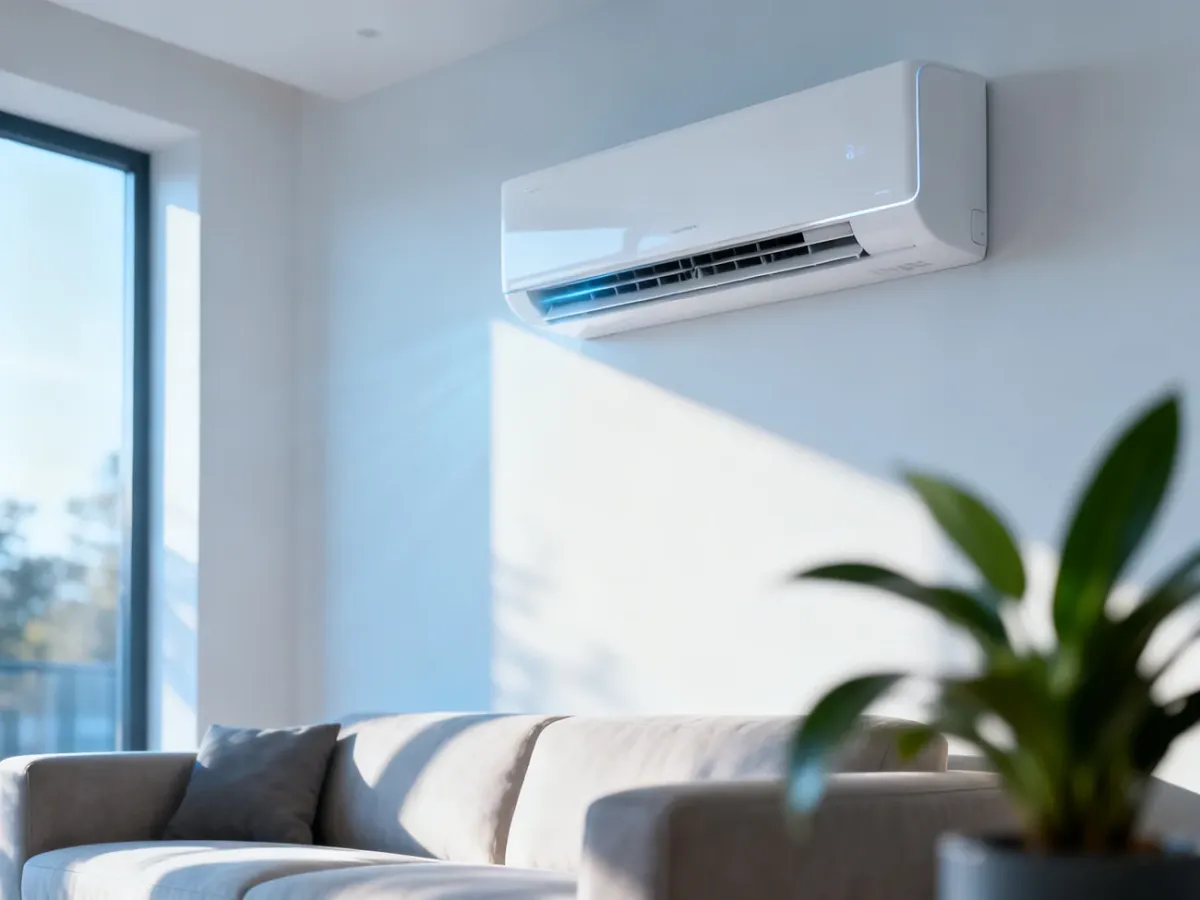 Nowoczesny klimatyzator ścienny w minimalistycznym salonie, podkreślający estetykę i komfort domowego wnętrza.