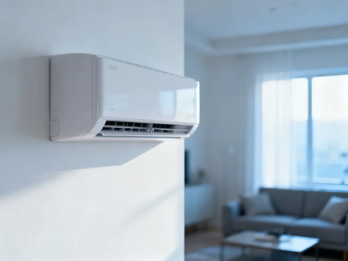 Nowoczesny klimatyzator typu split zamontowany na białej ścianie w jasnym, współczesnym salonie.
