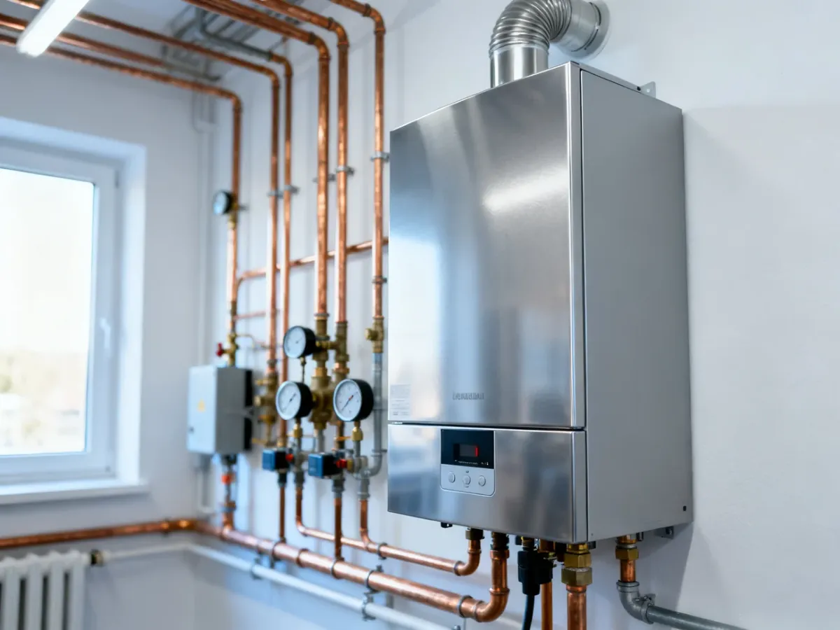 Nowoczesny kocioł gazowy kondensacyjny zamontowany na ścianie w kotłowni z widoczną instalacją miedzianą.